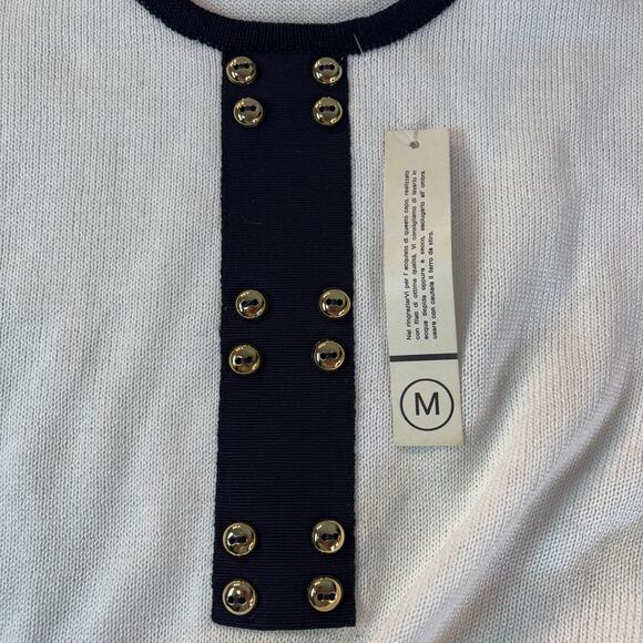 Vintage Lisa Made Italy Knit Top M – White & Navy Contrast Button Detail NWT - Picture 4 of 11